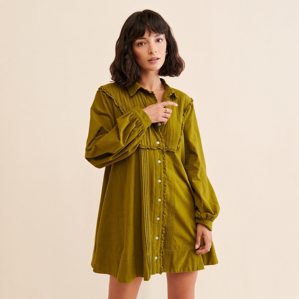 Free People Cherry Mini Dress Olive Green Ruffle Pleated Long Sleeve Cotton L